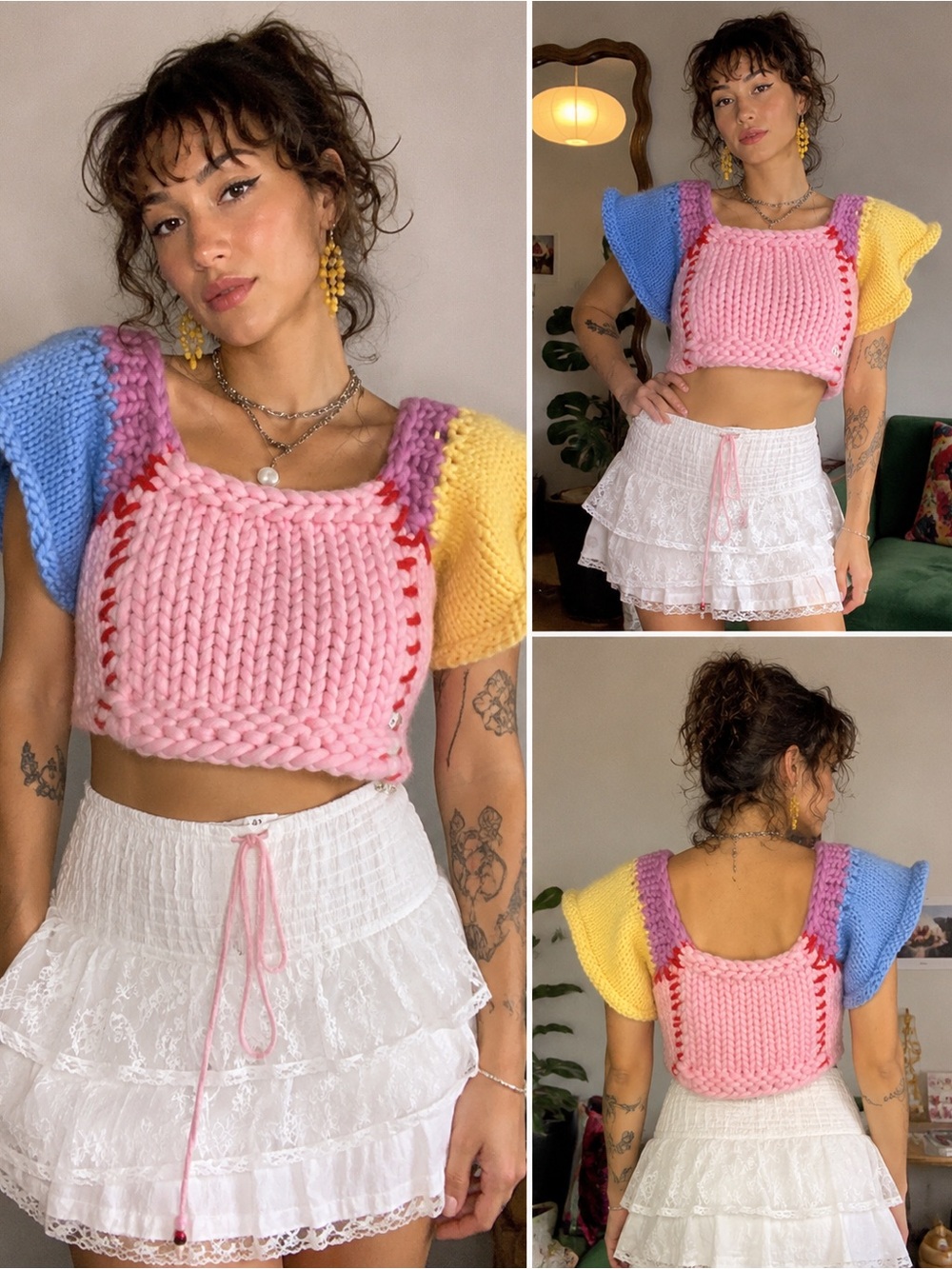 HOPE MACAULAY Handmade Merino Wool Chunky Knit Crop Top Sweater Vest Pink Pastel